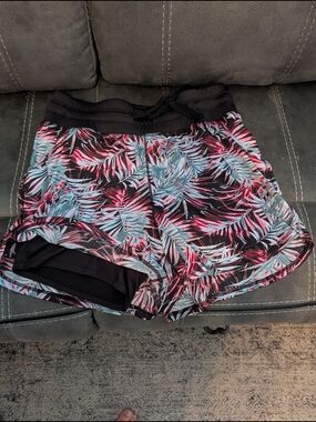 Livi Active Black Tropical Print Athletic Shorts with Pink and Light Blue Leaves